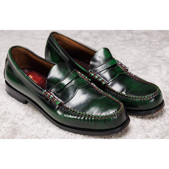 Bass Weejuns Green Black Leather Penny Loafers Contrast Stitching Mens Size 9 - Picture 1 of 16